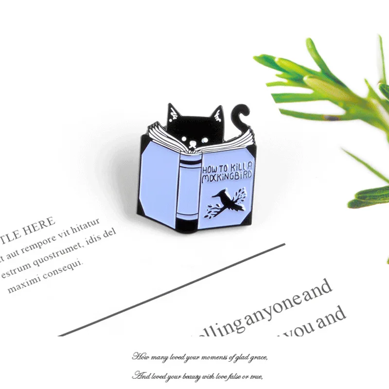 Черная металлическая брошь с эмалью для чтения кота персональный значок как