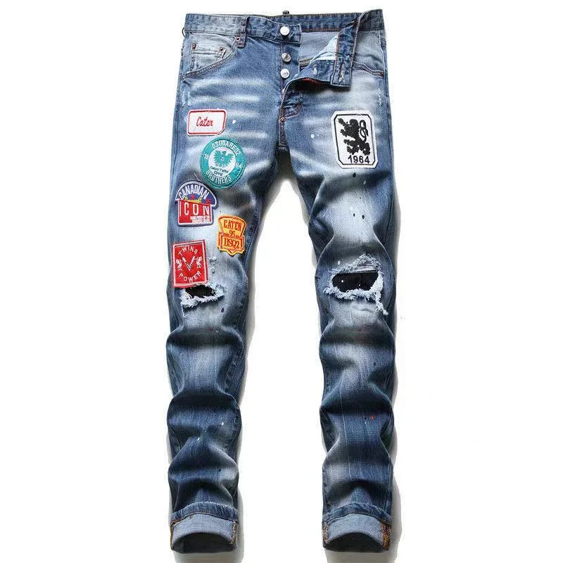

2021 European and American DSQ New Light Blue Badge Ripped Jeans Dsquared2 High Quality Four Seasons Stretch Slim D2 Jeans