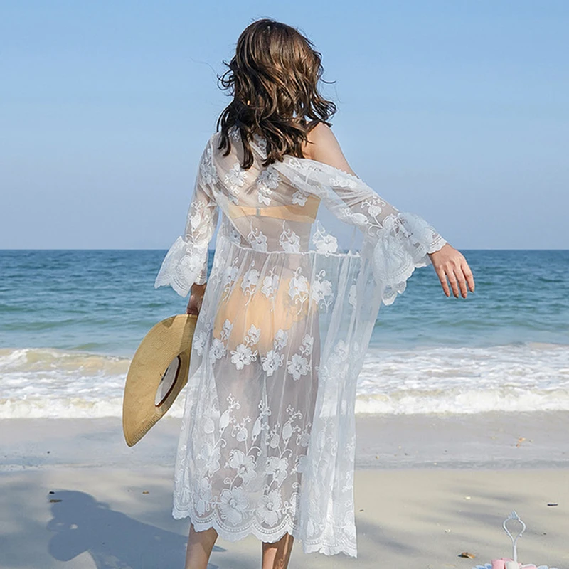 Crochet Tunic Beach Dress Slit Hemline Cover-ups Sexy Hollow Out Knitted Swimsuit Cover Up Long Sleeve Summer Women Beachwear | Женская