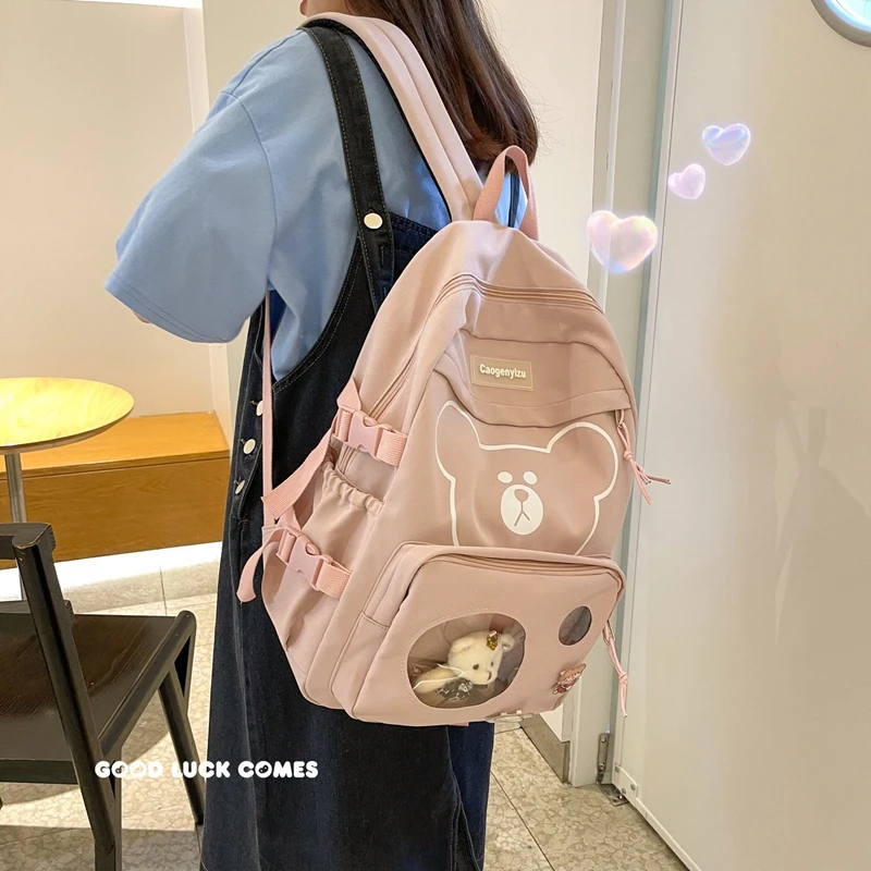 

Новый женский рюкзак с мультипликационным принтом медведя, прозрачный школьный рюкзак с маленьким медведем в стиле аниме, кавайная Подрост...