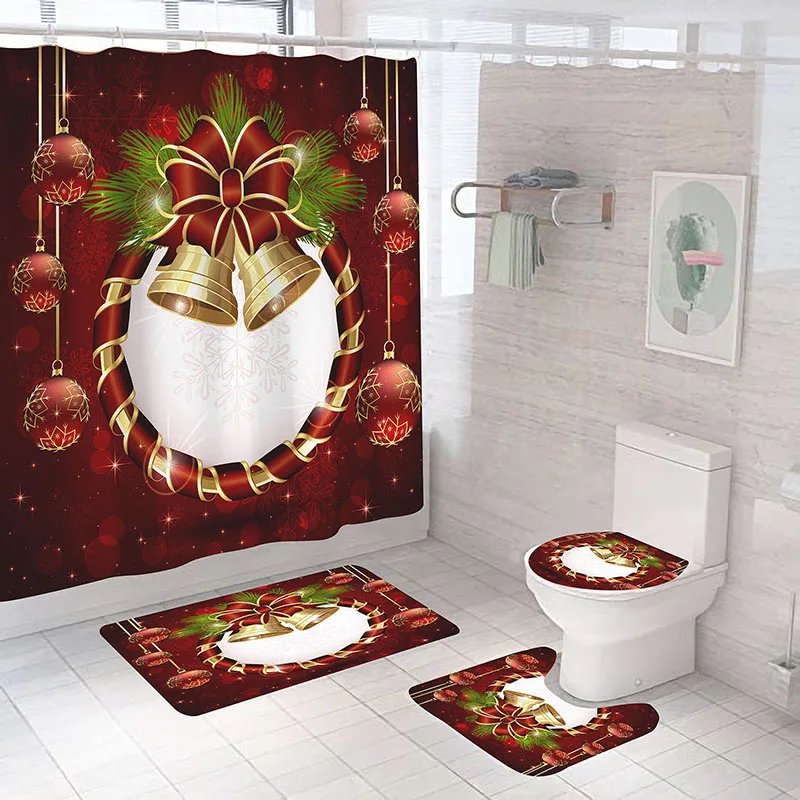 

Merry Christmas Bathroom Set Snowman Santa Father Bell Elk Pattern Waterproof Shower Curtain Toilet Cover Mat Non Slip Rug New