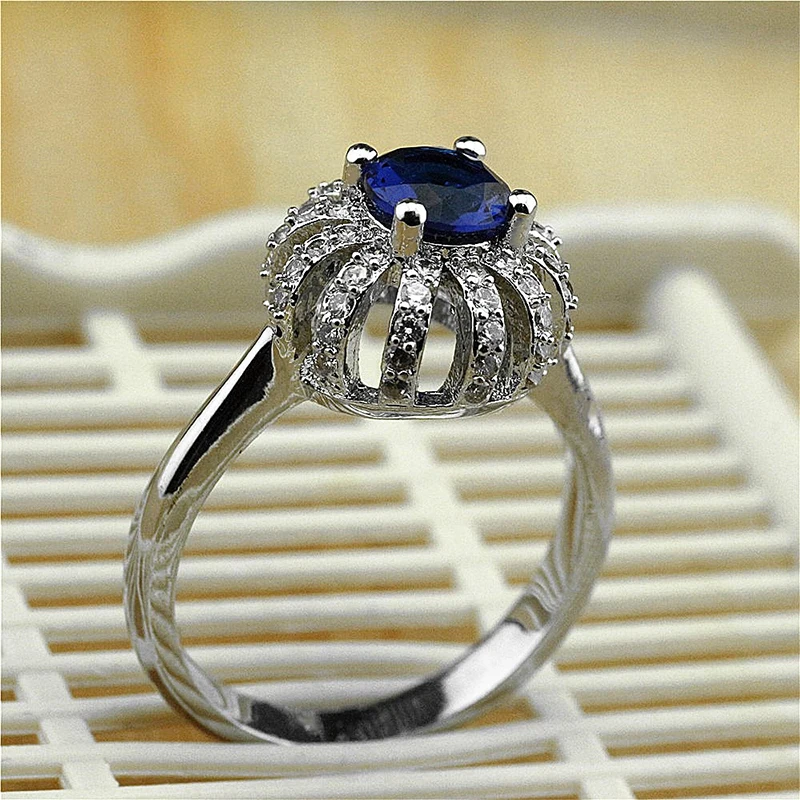 Luxury Cross Line Silver Color Zirconia Crown Ring For Women's Wedding Party AAA Zircon Blue Crystal Romantic Jewelry | Украшения и