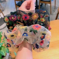 oversized sweet embroidery flowers mesh scrunchies women romantic hair rope transparent tulle organza hair ties hair accessories
