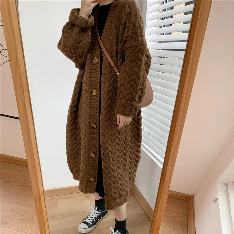 Sungtin Vintage Twisted Casual Long Knit Cardigan for Women Korean Oversized Thicken Warm Loose Women's Sweater Soft Clothings |