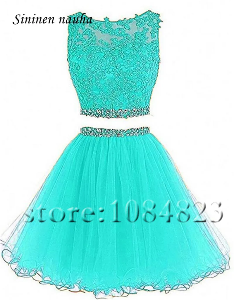 turquoise 2 шт. Короткие Выпускной Вечеринка платье для выпускного вечера платья Juniors A Line прозрачная ткань с аппликацией и стразами коктейльный большого размера Vestidos De Festa 10 - Цвет: turquoise