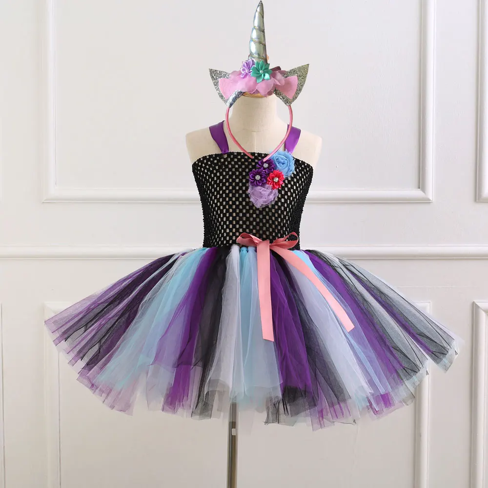 7 Style Flower Girls Unicorn Tutu Dress With Headband Fancy Girl Party Rainbow Tulle Princess Kids Halloween Costume | Детская одежда и