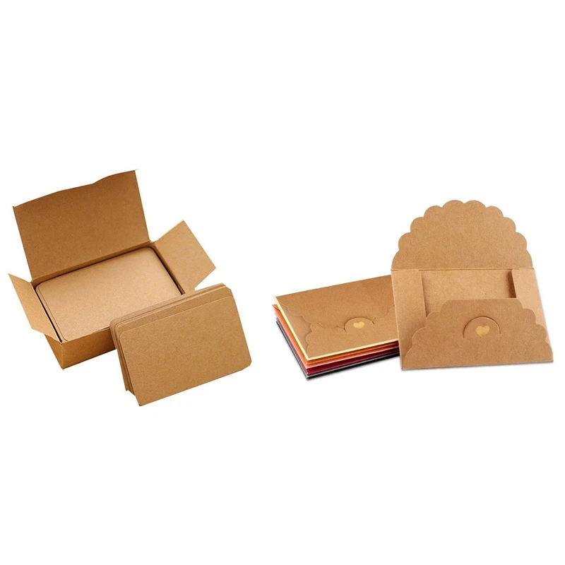 

100X Memory Cards Blank DIY Graffiti Word Cards (Khaki) & 42x Envelopes Colorful Gift Cards Envelopes with Heart Lock