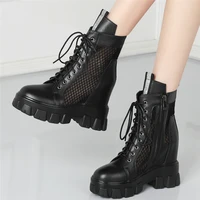 summer fashion sneakers women lace up cow leather high heel ankle boots female high top round toe platform pumps casual shoes