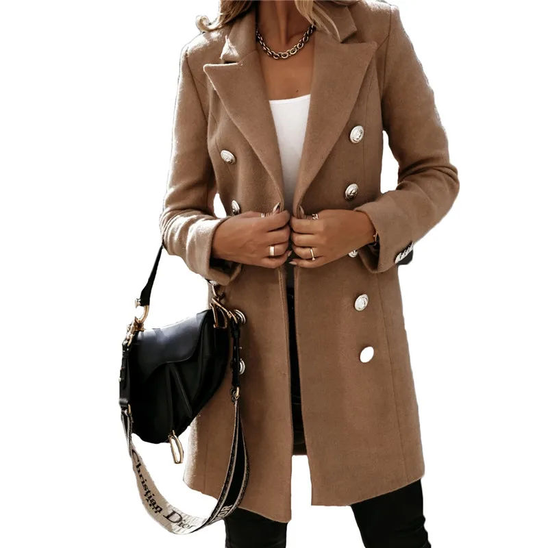 

Woolen Coat Women 2021 Autumn Winter Fashion Office Ladies Long Sleeves Suit Collar Double-breasted Loose Jacket Female JD1321