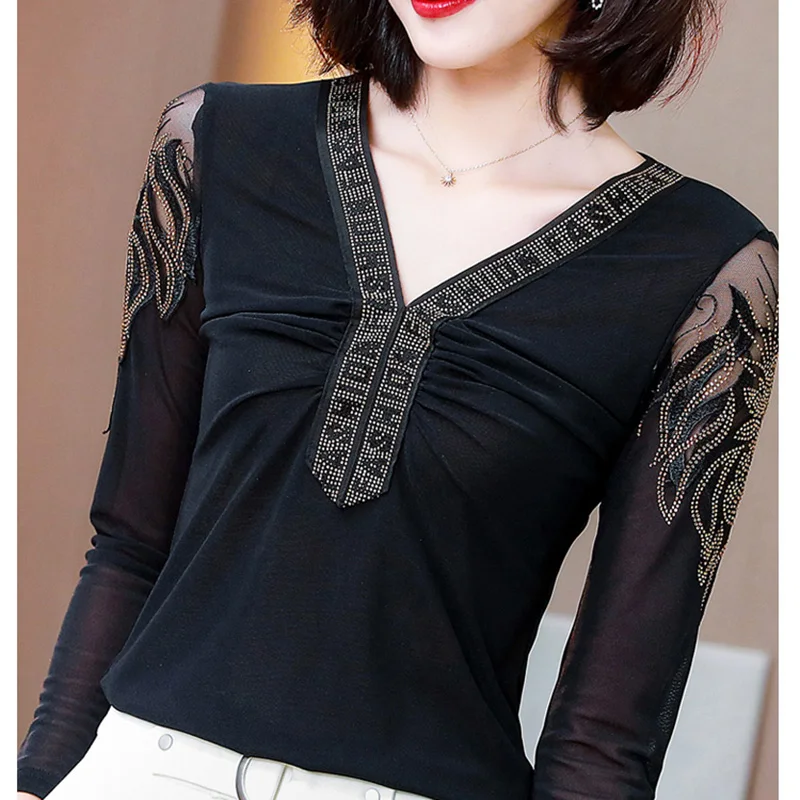 

New 2021 Spring Autumn Women's T-Shirt Fashion Sexy V-neck Leopard Print Stitching Mesh Tops Long-sleeved Bottoming Shirt