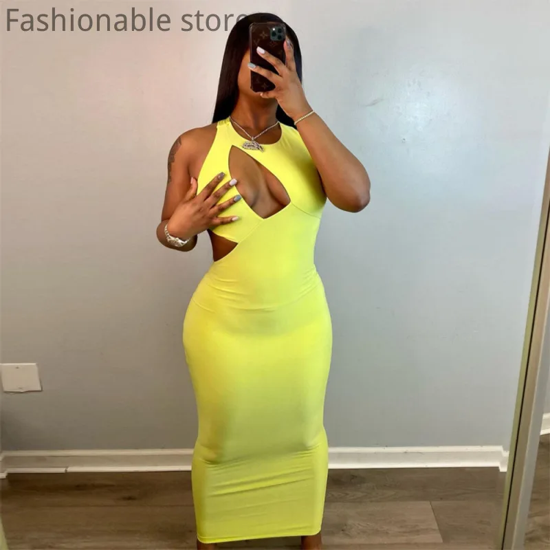 

Women Round Neck Sleeveless Chest Cut Out Design Solid Color Bodycon Maxi Dress