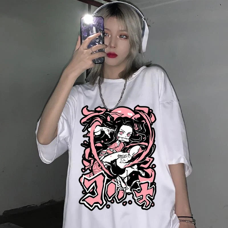 

Футболка женская с аниме-принтом, свободная рубашка с принтом «рассекающий демонов», одежда в стиле киметасу No Yaiba, Корейская летняя черная, ...