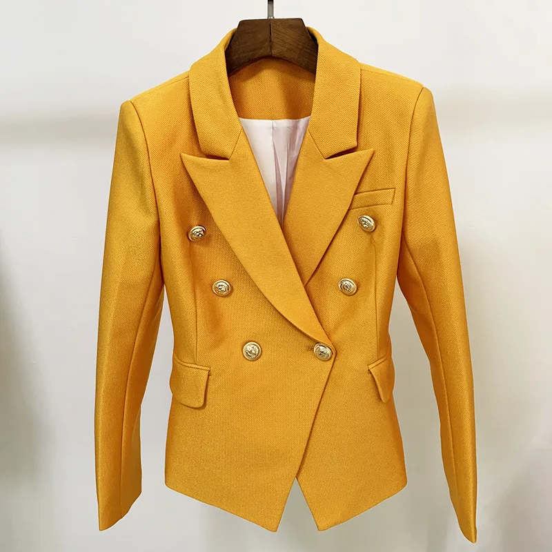 

Designer Women Double Breasted Metal Lion Buckle Slim Coat Top Fit Piqu Suit Luxury Bright Orange Long Sleeve Jacket 2021 Fall