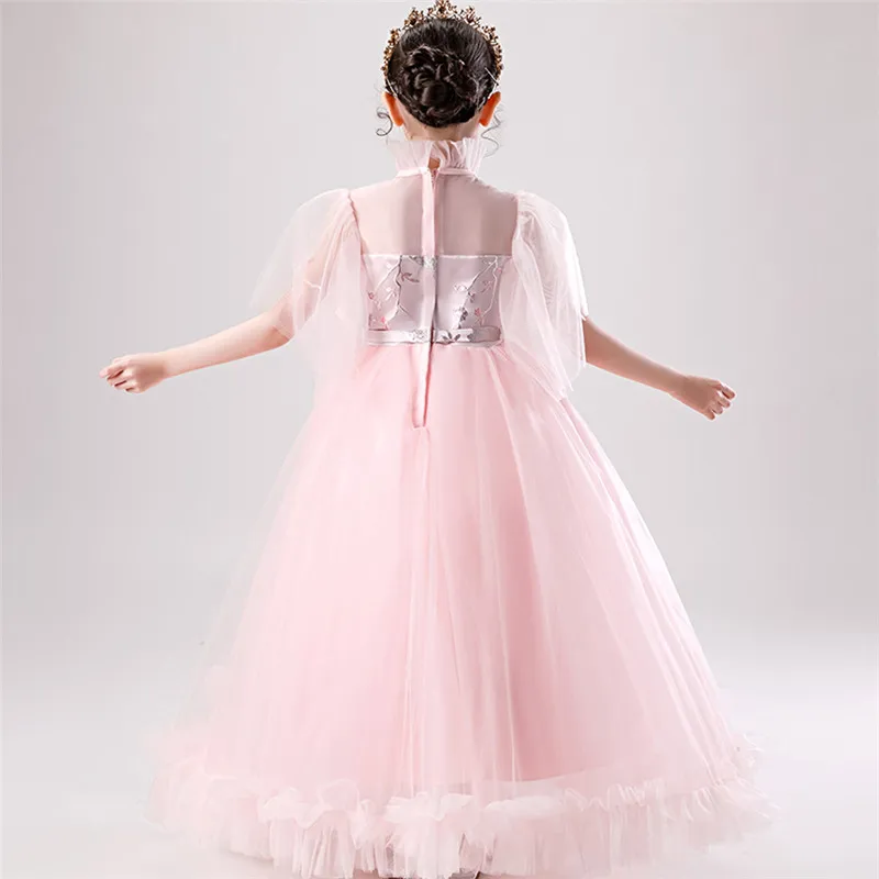 

3~14T Children Girls Sweet Pink Color Wedding Party Evening Princess Fluffy Dress Kids Teens Host Piano Pageants Long Dress Wear