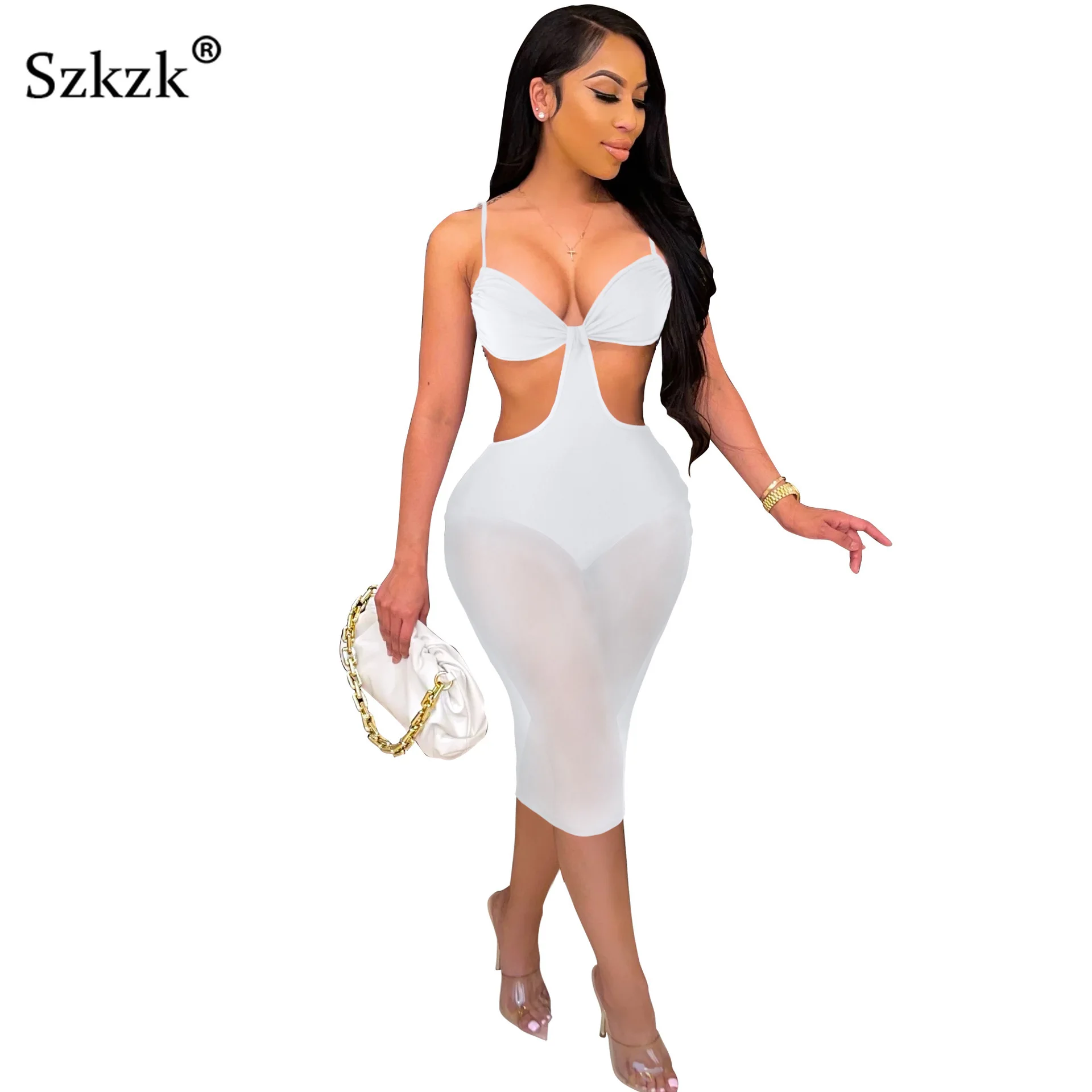 

Szkzk Hollow Out Backless Sheer Midi Dress V Neck Halter Sexy Dress For Women Party Birthday Night Club Summer Bodycon Dresses