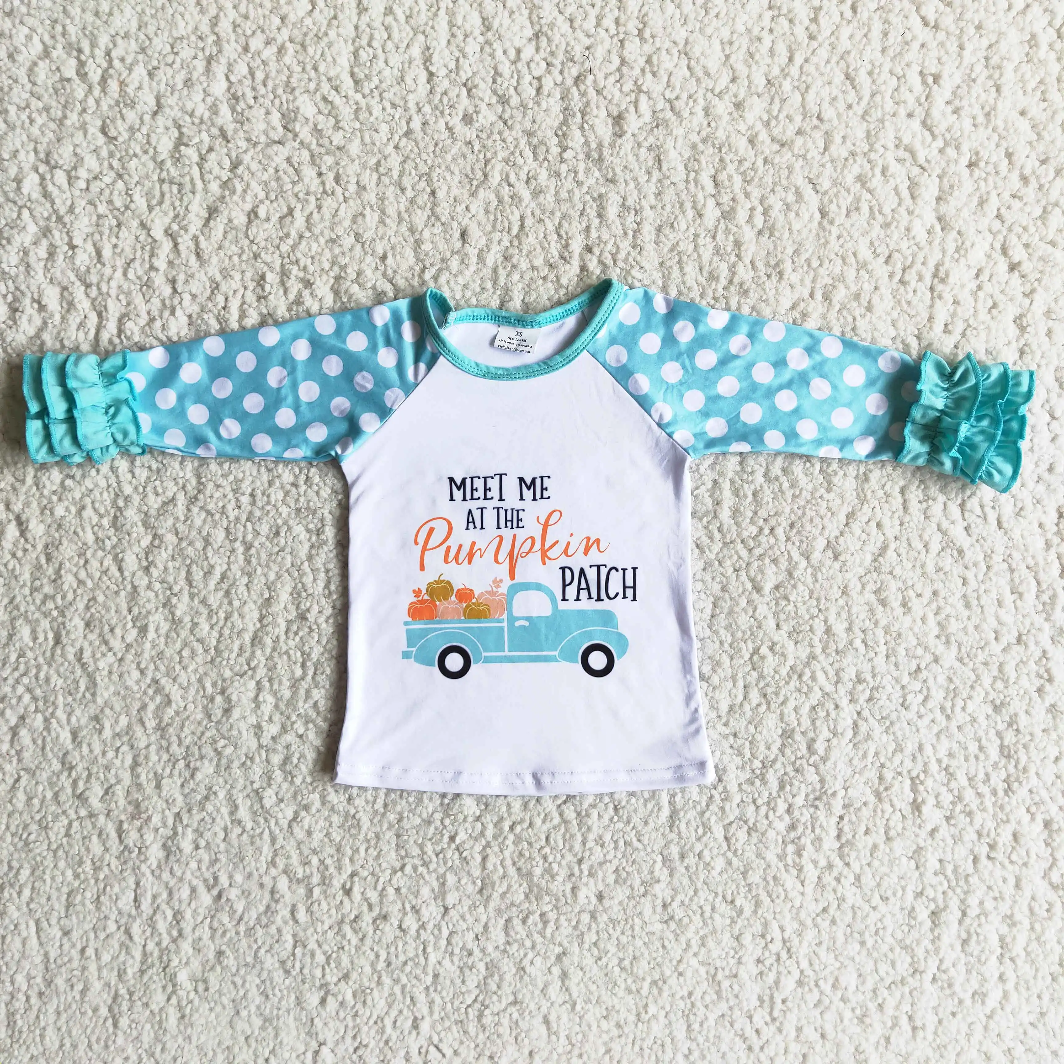 

Autumn Winter Girl's Pumpkin Car Print Polka Dot Green Long Sleeve Top Kids Clothing