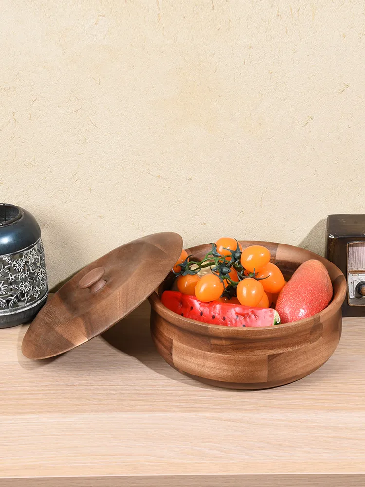 

Креативная чаша из массива дерева с крышкой, бытовая большая емкость, тарелка для фруктов из дерева акации, экологически чистая кухонная та...