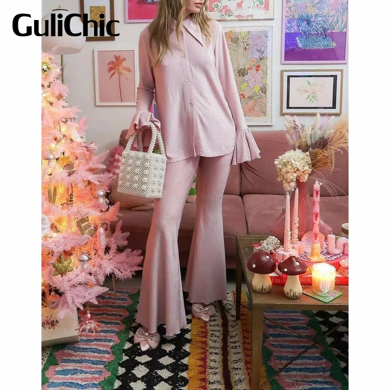 

Женский комплект из 2 предметов, блузка с оборками на манжетах и узкие расклешенные брюки с высокой талией, 1,6