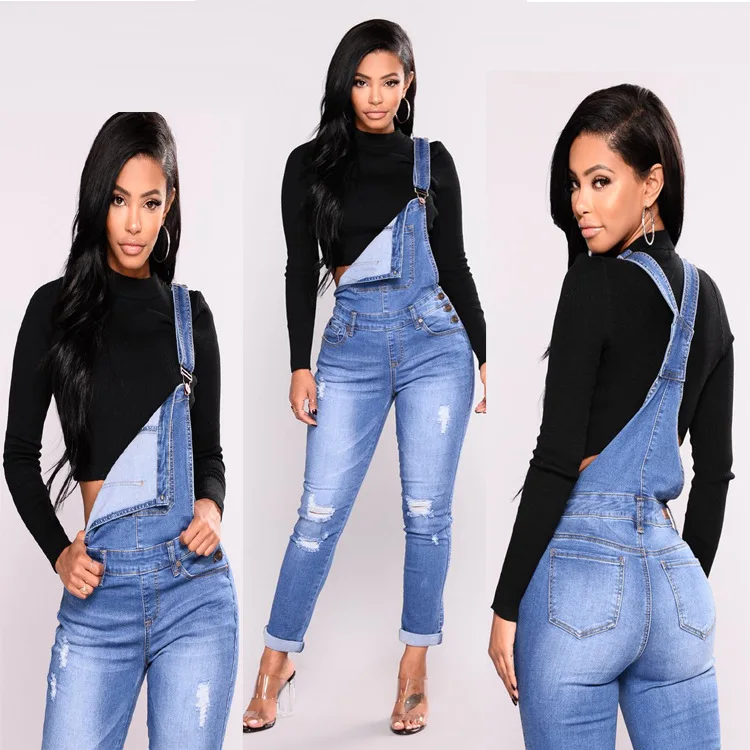 

Plus Size Denim Overalls Fashion Holes Summer Women Jeans Casual Washed Trousers Skinny Denim Hemming Pants Jumpsuits