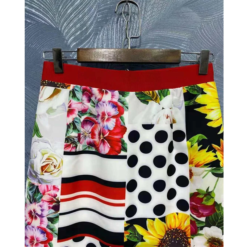 

SEQINYY Sicily Style Suit Summer Spring New Fashion Design Women Runway Dot Sunflowers Printed Short Top + Knee Pencil Skirt