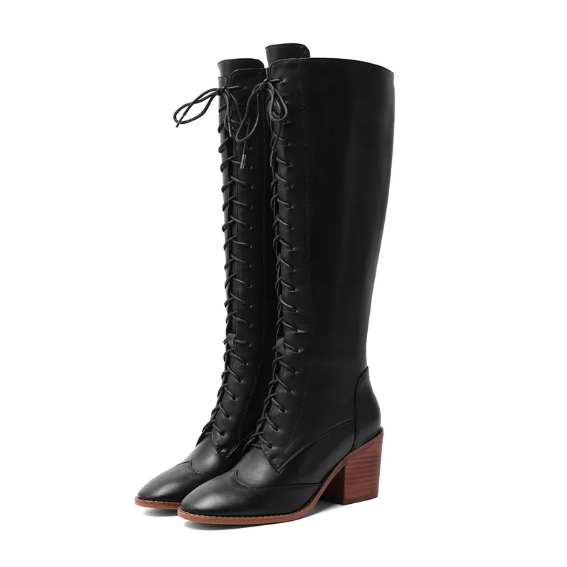 Harga MEMUNIA 2021 Sepatu Bot Setinggi Lutut Wanita Kulit Asli Kualitas Terbaik Sepatu Bot Musim Dingin Musim Gugur Renda Zip Sepatu Gaun Hak Tinggi Wanita
