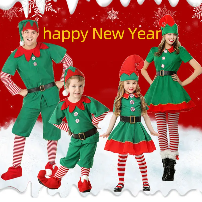 

Рождественский костюм Санта-Клауса для мужчин и женщин, девочек и мальчиков, зеленые эльфы для косплея, семейная Рождественская вечеринка, новогодние нарядные платья, одежда, 2020