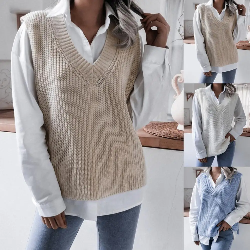

2021 Stylish Sweater Vest Plain Weave V Neck Solid Color Women Loose Solid Color High Elasticity Knitted Vest for Daily Wear