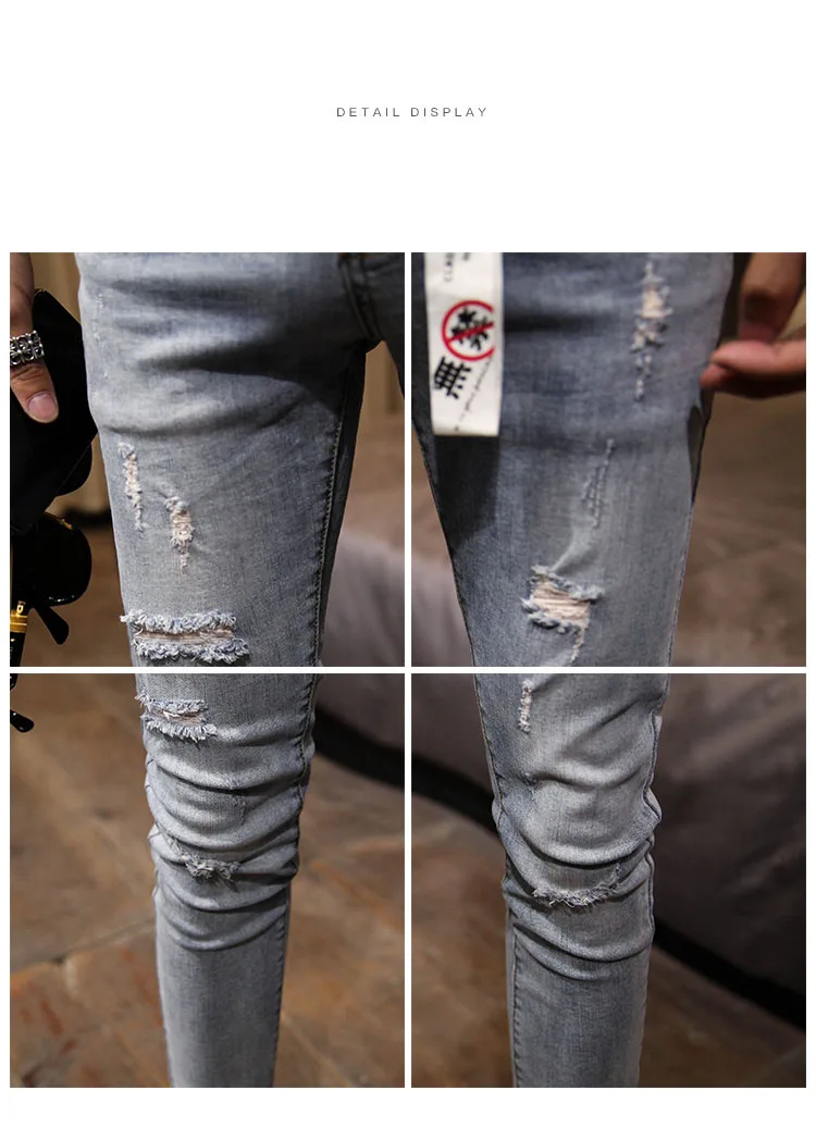 NEW spring autumn skinny strech Casual ripped hole fashion black teenagers hip hop cowboy denim leg jeans men pencil pants