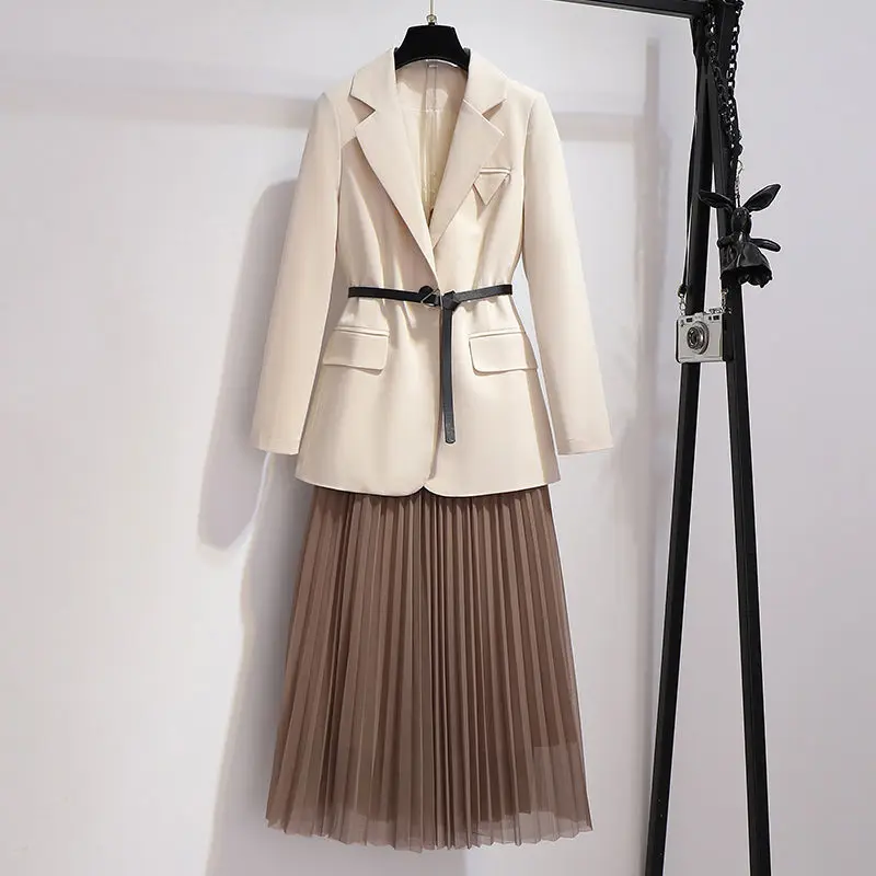 

2021 Women's Suit Autumn New Apricot Blazer + Pleated Mesh Skirt Suit Fashion Two-Piece Temperament Women's Suit Skirt