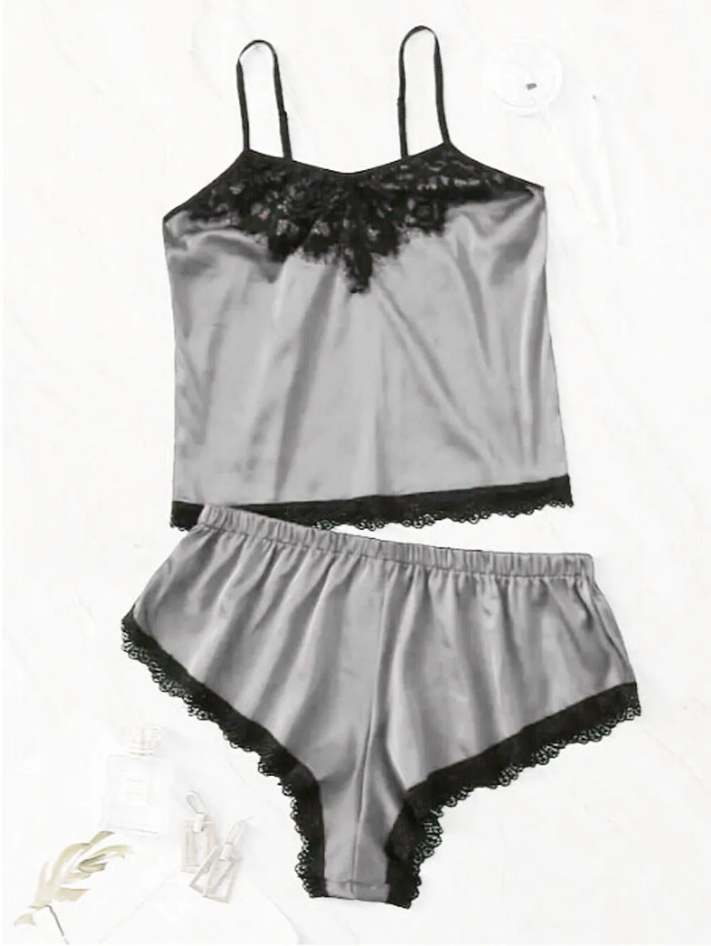 

Women 2Pcs Women Sexy Pajama Sets Silk Satin Lace Sleepwear Underwear Set Lingerie Crop Tops Shorts Nightie Pajamas Set