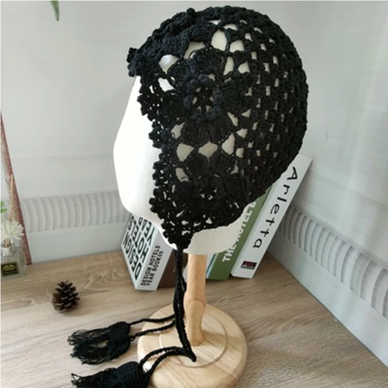 

Вязаная шапка женский берет ручной работы из хлопка и шерсти вязаный крючком осень-зима модная уличная шапка с цветочным начесом шапка