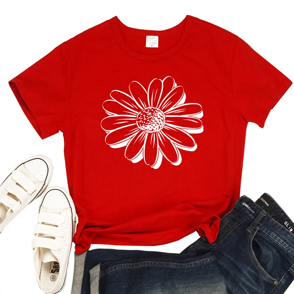 

High Quality Cotton Women Tshirt New 2020 Summer Casual Retro Sunflower Printed Sweet Short Sleeve Round Neck Loose Tops Tee