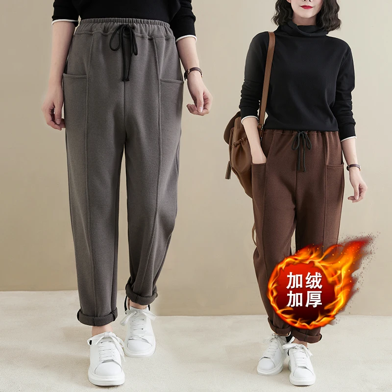 

Утепленные повседневные спортивные брюки на флисовой подкладке, женские зимние шаровары большого размера для пышных девушек, эластичный п...