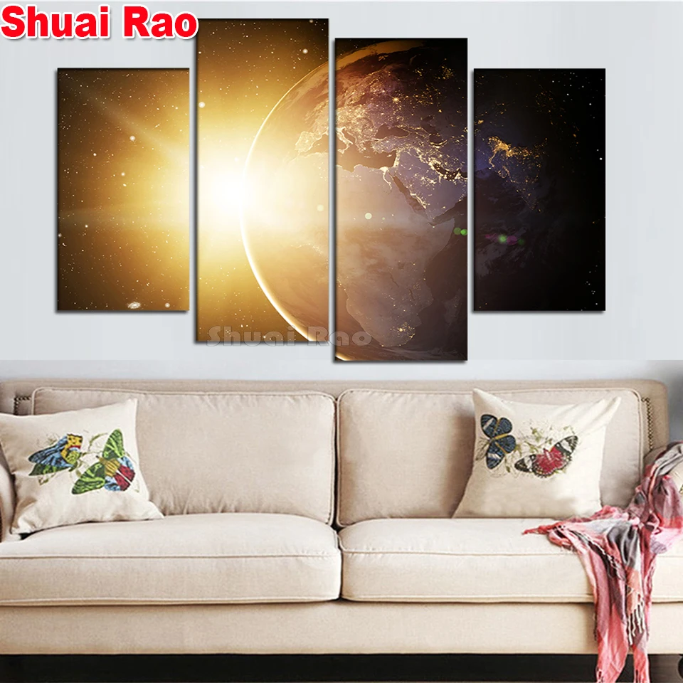 

Planet Earth Poster Space Picture diamond embroidery 4 Pieces 5 d diy diamond painting full round diamond mosaic landscape,
