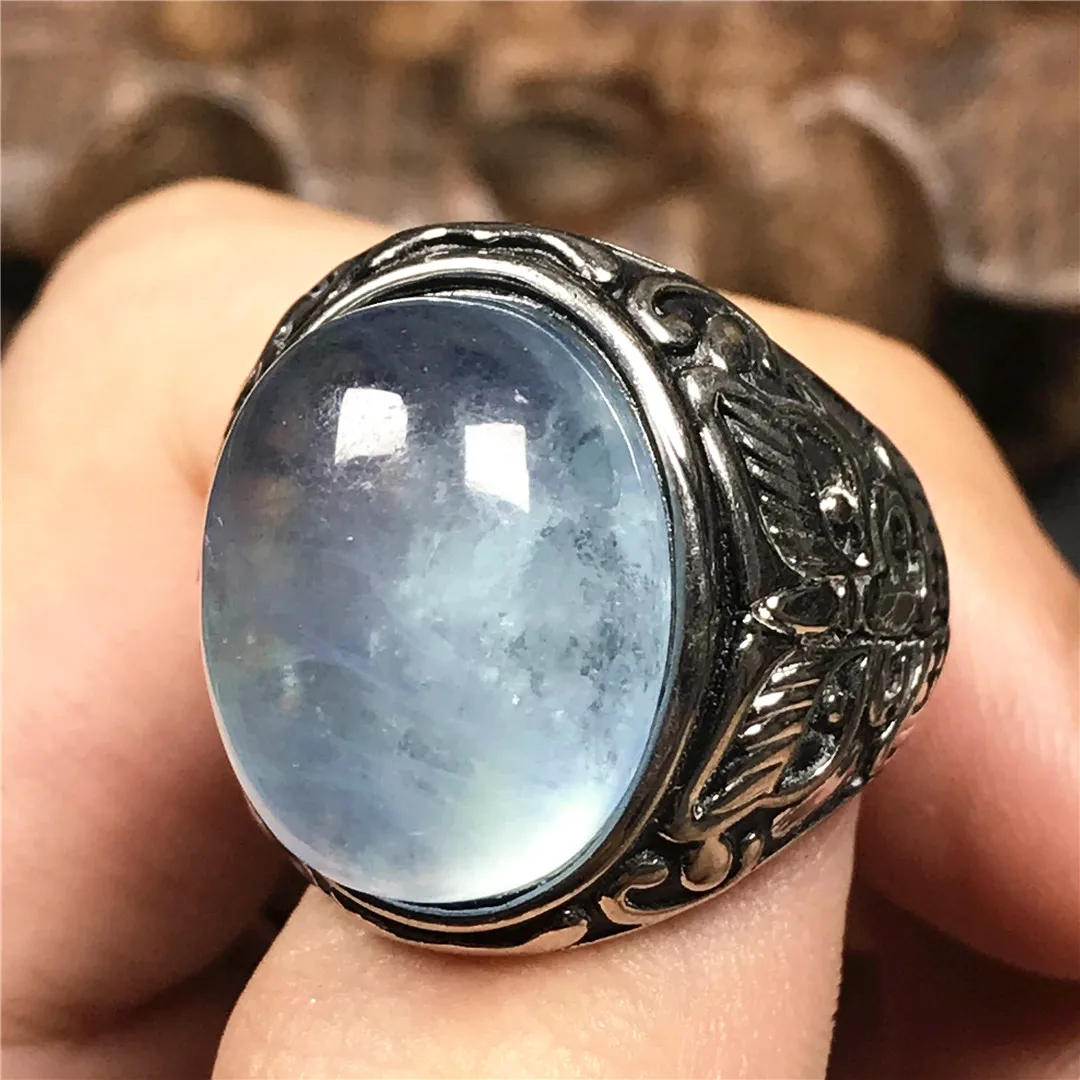Natural Ocean Blue Aquamarine Ring Jewelry For Man Gift Healing Silver Crystal 18x14mm Oval Beads Stone Adjustable AAAAA | Украшения и