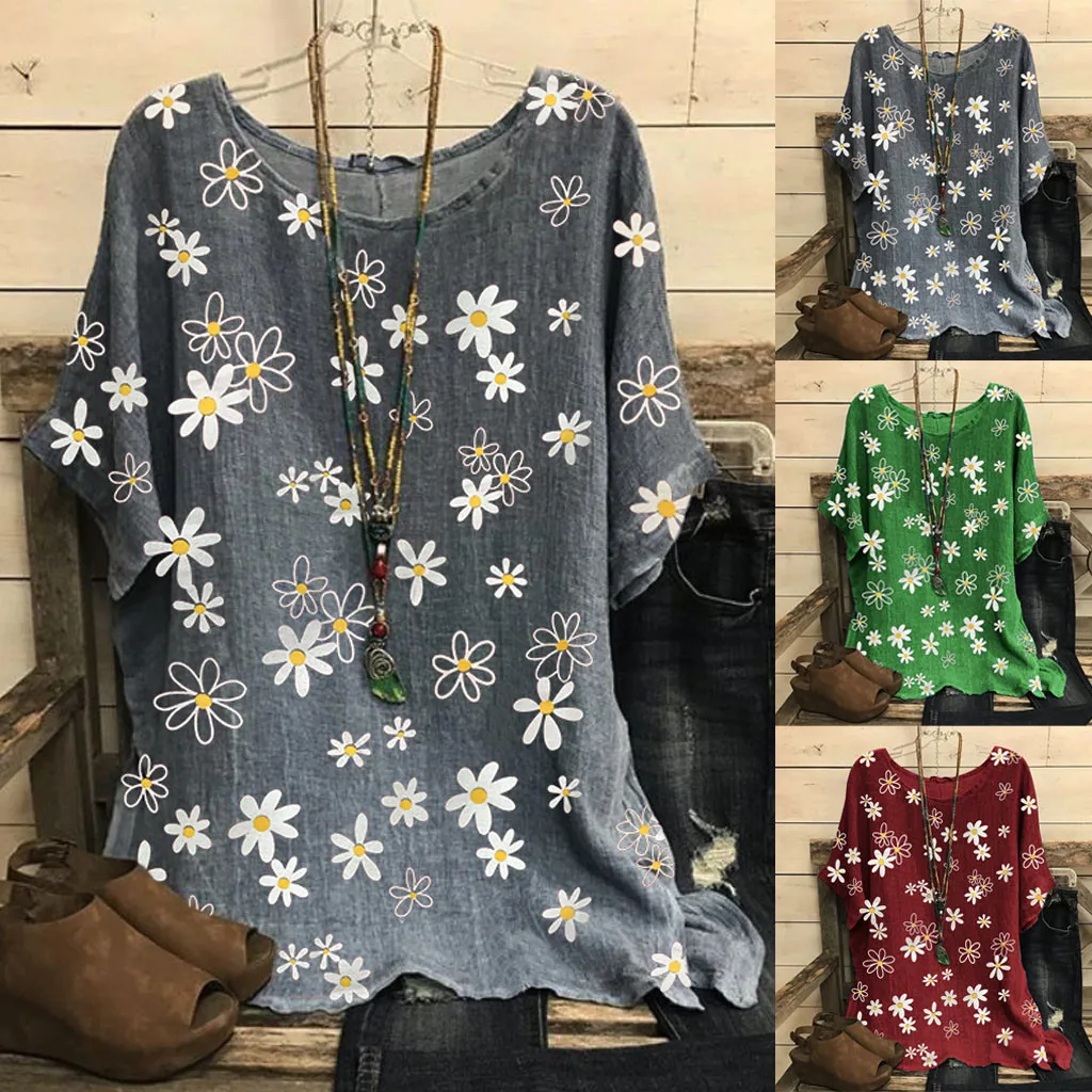 Женская винтажная блузка из смески хлопка с круглым вырезом и коротким рукавом