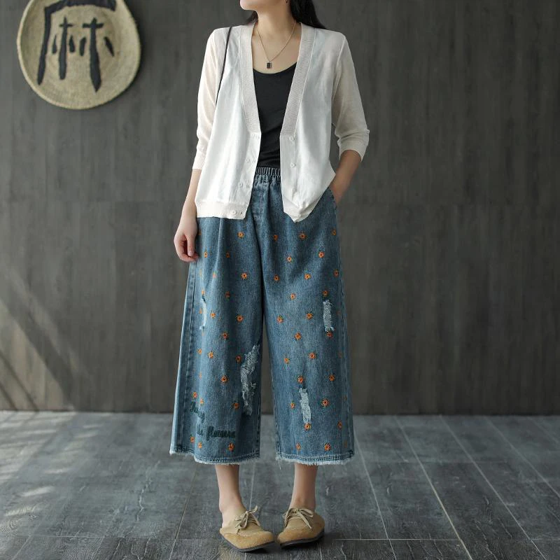 

Spring Summer New Arts Style Women Elastic Waist Loose Vintage Embroidery Ripped Jeans Femme Casual Denim Wide Leg Pants