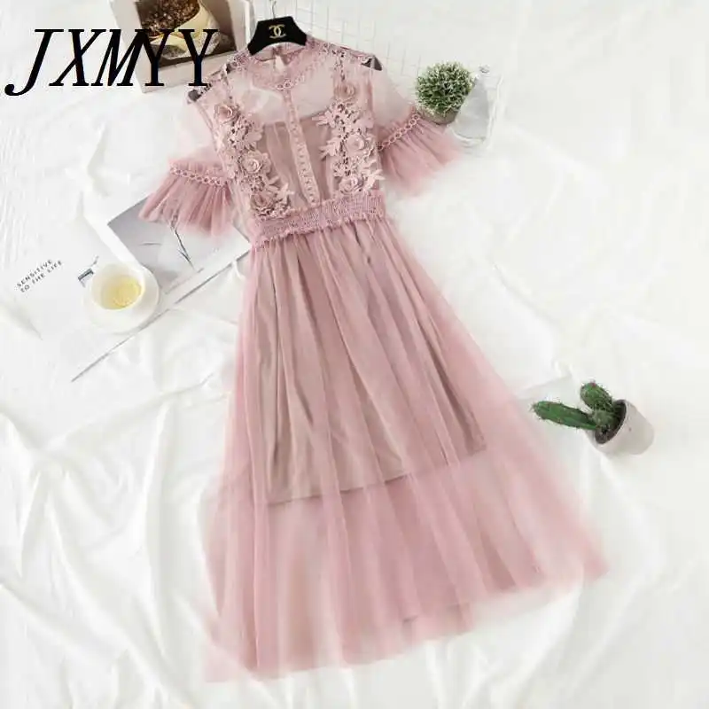 

ICCLEK Lace flower dress lantern plus size party dress women gauze lantern sleeve tulle long skirt female princess dresses 2 pi