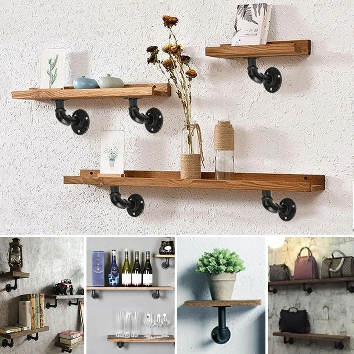 

6pcs Industrial style Black Iron Pipe Bracket Wall Floating Storage Shelf Rack support frame Bracket Home Improvement Hardware