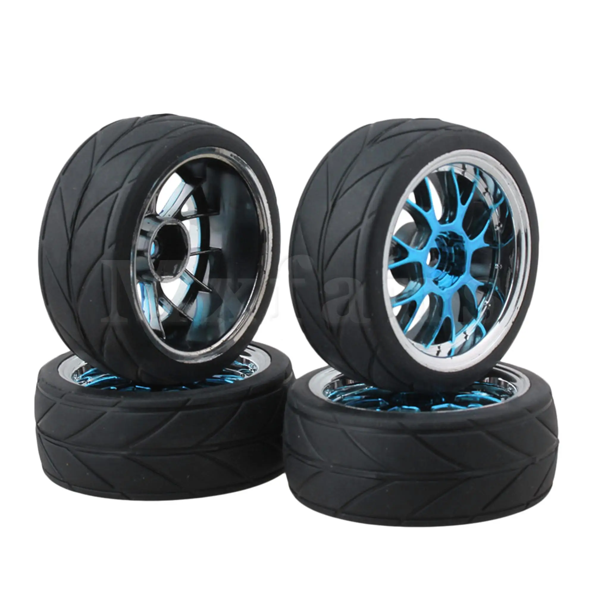 

4PCS RC1:10 On-Road Racing Car Arrow Grain Rubber Tyre & Y-Shape Blue Wheel Rim