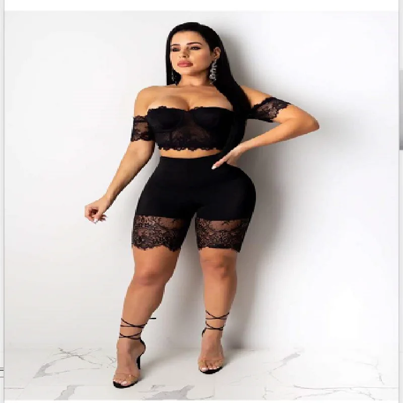 Женский комплект из 2 предметов кружевной короткий топ с вырезом лодочкой и шорты