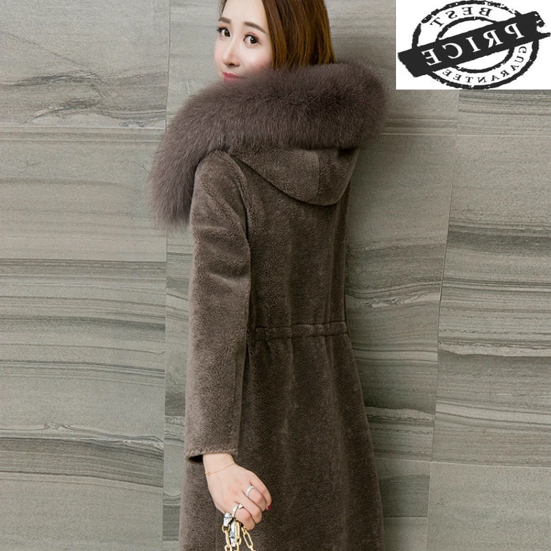 

Sheep Shearing Coat Women Winter Long Jacket Real Fox Fur Coat Female Warm Hooded Outwear Overcoat Abrigo Mujer LWL1120