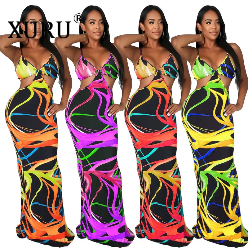 

XURU Sexy Sleeveless Vest Camisole Dress Tie Dye Printed Dress New European and American Women's Dress