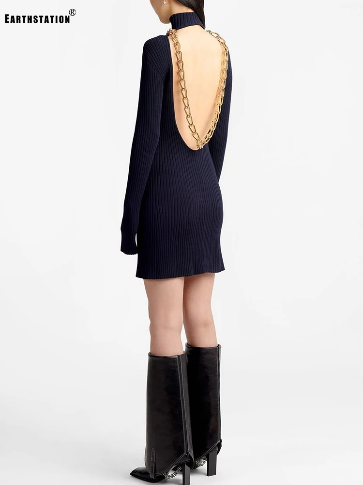 

High collar splicing metal chain decoration back hollow elastic tight knitting bag hip dress ladies autumn new style personality
