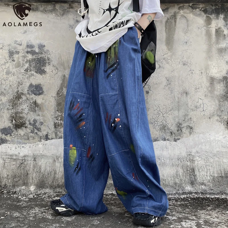 

Aolamegs Jeans Men Hip Hop Splash Paint Graffiti Baggy Jeans Retro High Street Streetwear Cozy Wide Leg Denim Men's Pants Couple