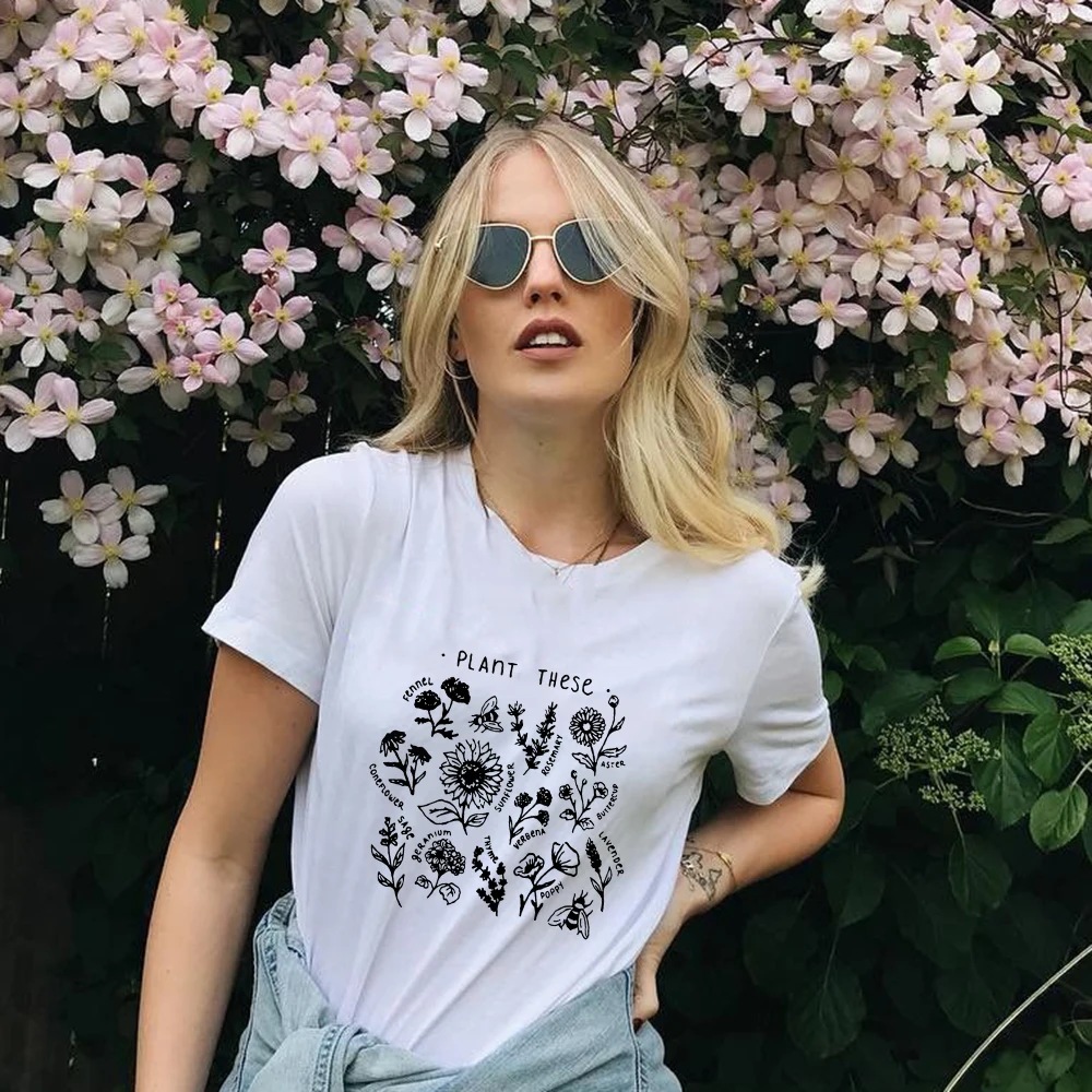 

Plant These Harajuku Women Graphic T Shirts Casual Bees Flower Print Female Short Sleeve T-shirt Wildflower Tees Tops Drop Ship