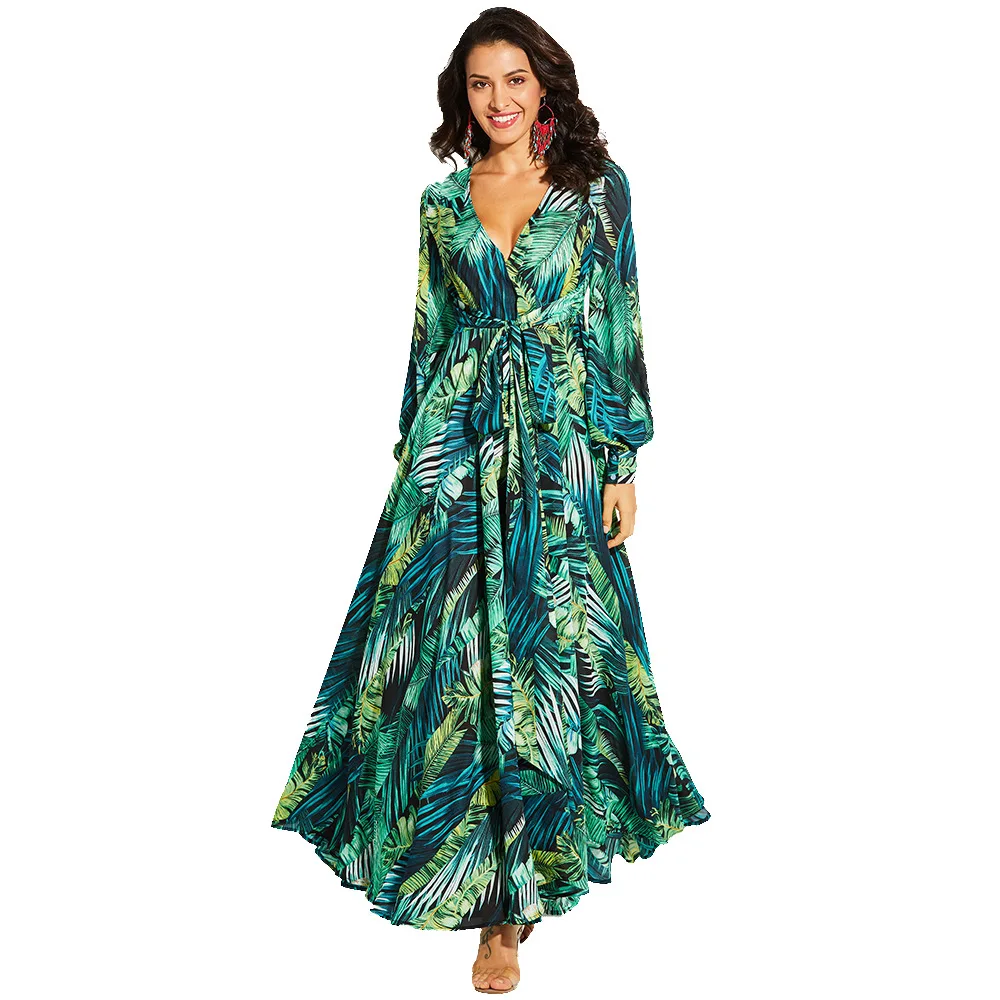 

Vestido Floral Print Boho Maxi Dress Sexy V-neck Lady Bohemian Summer Long Dress Women Long Sleeve Beach Elegant Dresses Female