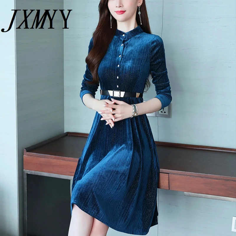 JXMYY 2021 Золотое бархатное платье с длинным рукавом женское весеннее и осеннее