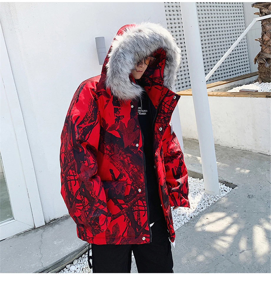 Winter Hip Hop Parkas Men Camouflage Jackets Fur Collar Hooded Thick Windbreaker Coats Outwear Streetwear Plus Size HZ158