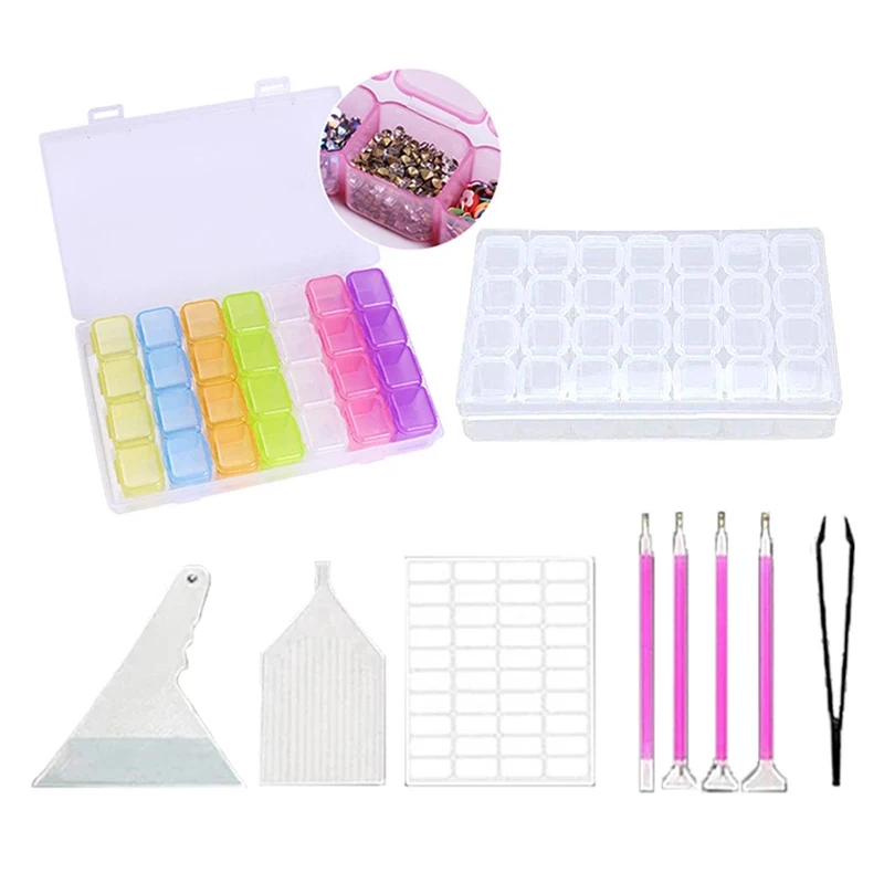 Набор инструментов для алмазной живописи пластиковый ящик с 28 ячейками и набор 40